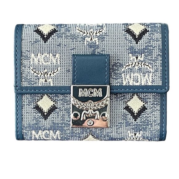 MCM Veritas Small Blue Vintage Denim Canvas Leather Monogram Logo Snap Wallet - Picture 1 of 16